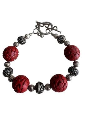Vintage Silver and Red Carved Cinnabar Type Bead Bracelet with Toggle Clasp